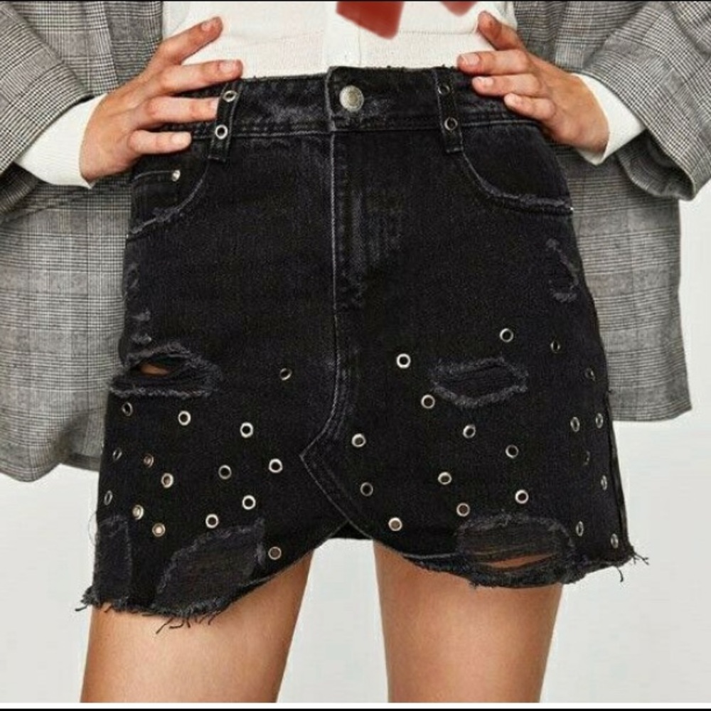 Zara Trf black denim distressed mini skirt
